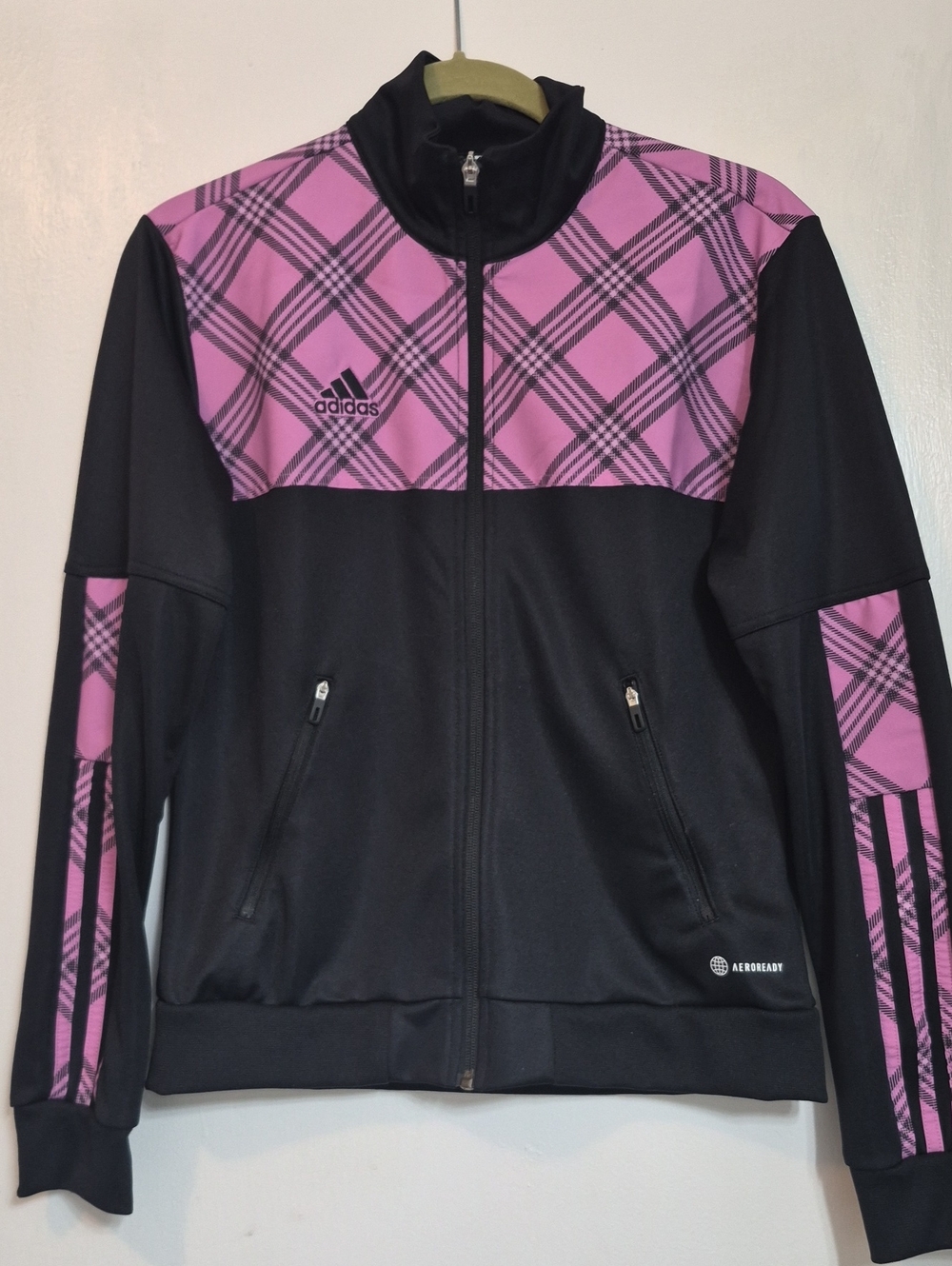 Adidas Womens pink Black plaid Tartan Tiro Track jacket Sz S